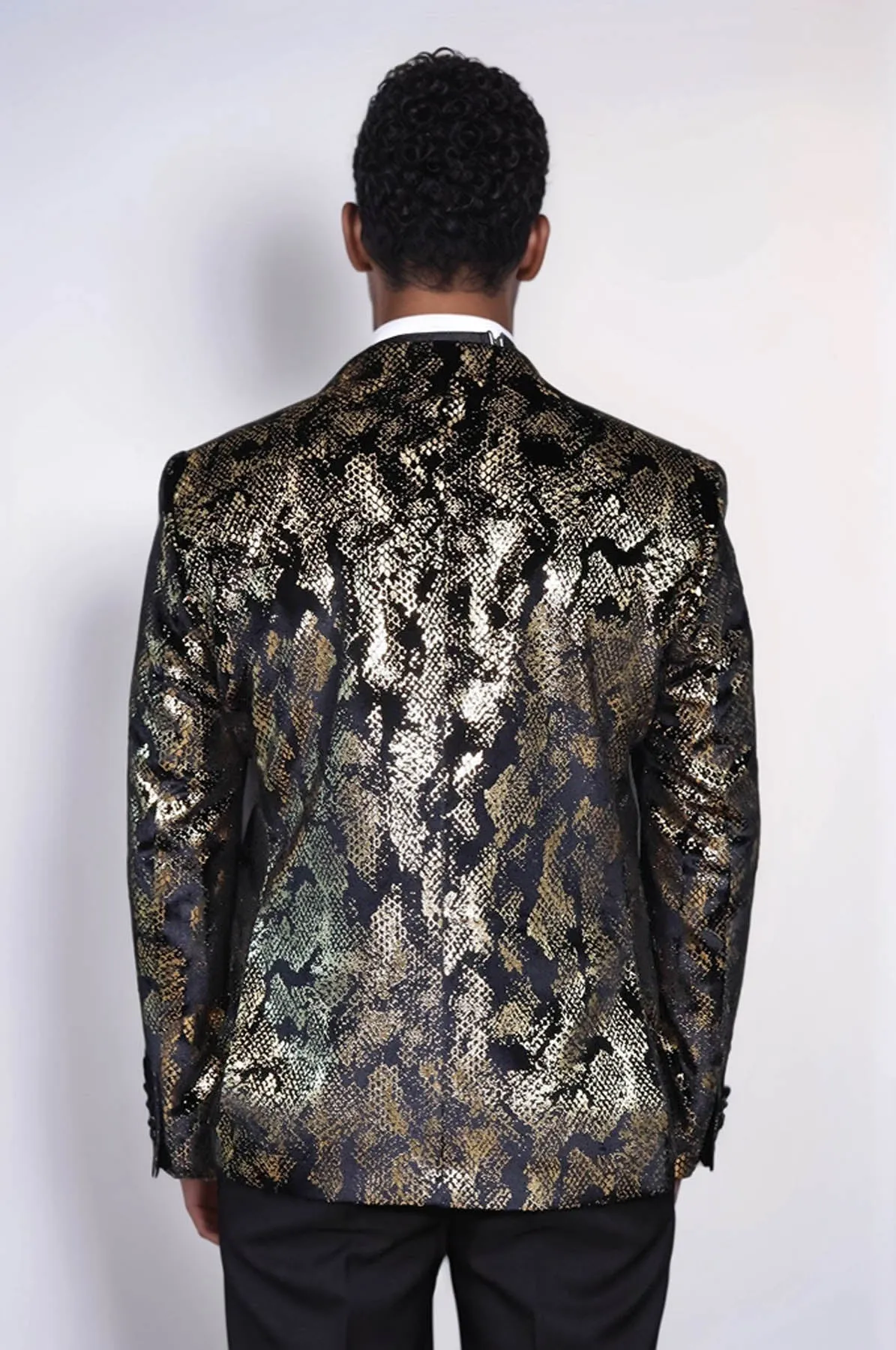 Peak Lapel Slim Fit Gold Patterned Black Men Prom Blazer