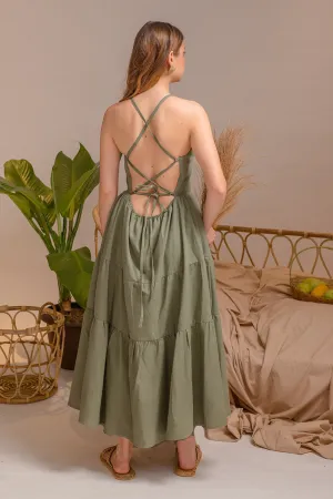 PERFECTA Cris Cross Tie Back Midi Dress (Olive Linen)