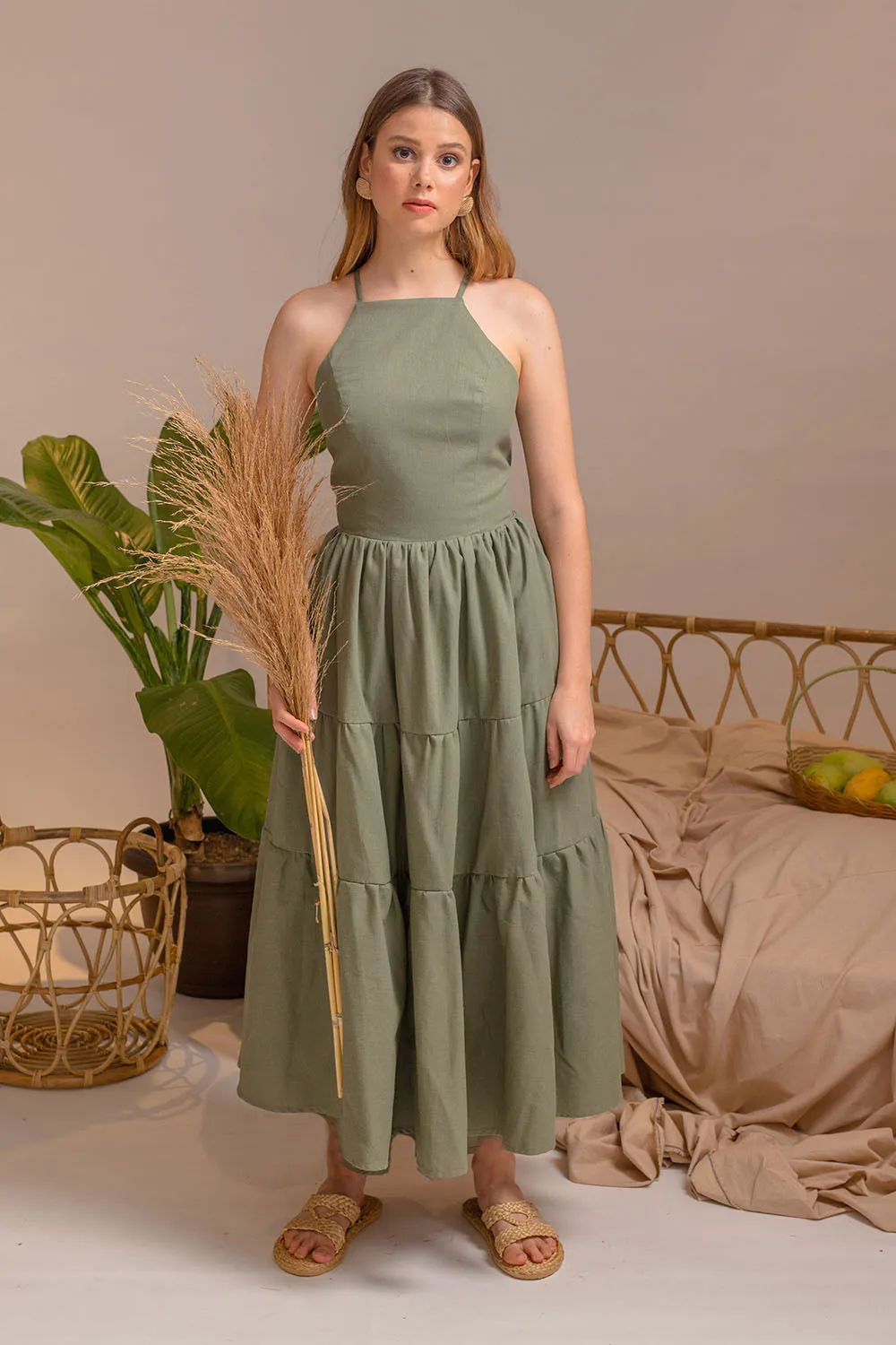 PERFECTA Cris Cross Tie Back Midi Dress (Olive Linen)