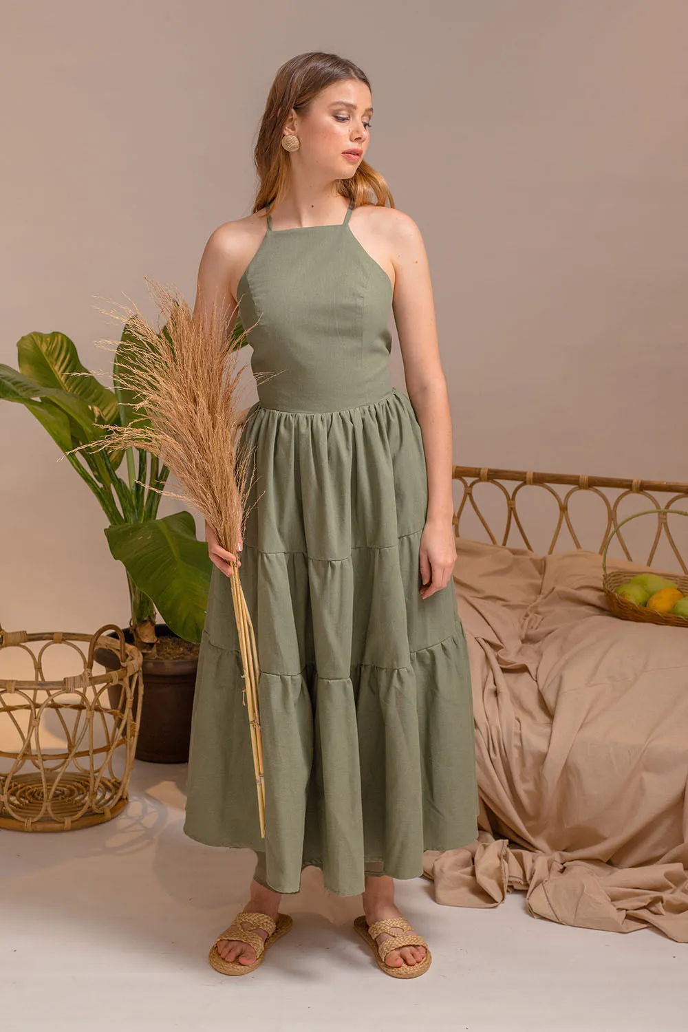 PERFECTA Cris Cross Tie Back Midi Dress (Olive Linen)