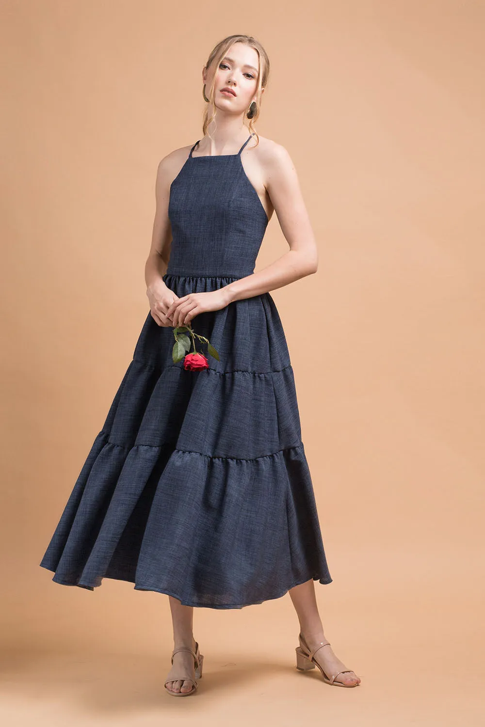 PERFECTA Criss Cross Tie Back Midi Dress (Midnight Blue Linen)