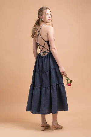 PERFECTA Criss Cross Tie Back Midi Dress (Midnight Blue Linen)