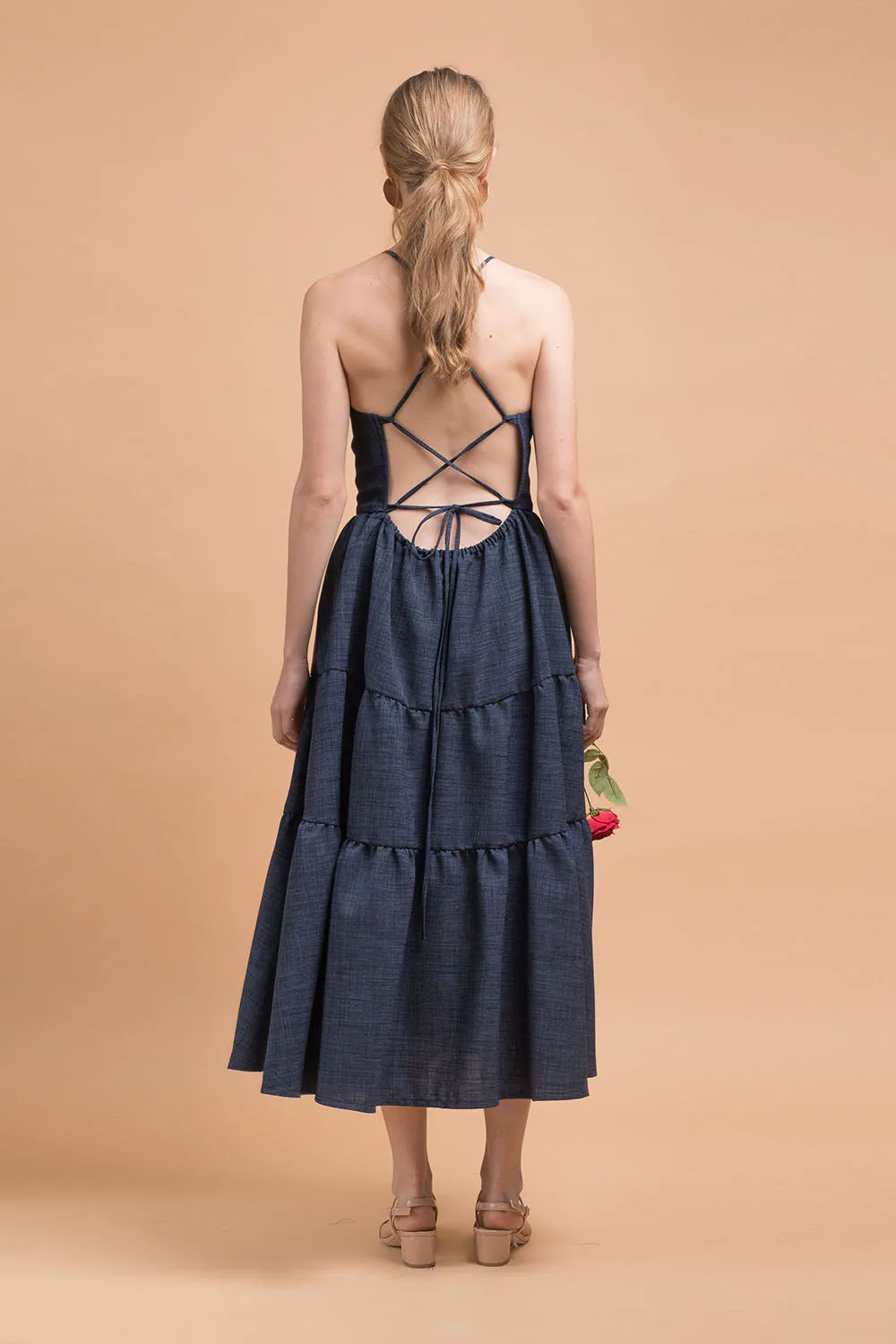 PERFECTA Criss Cross Tie Back Midi Dress (Midnight Blue Linen)