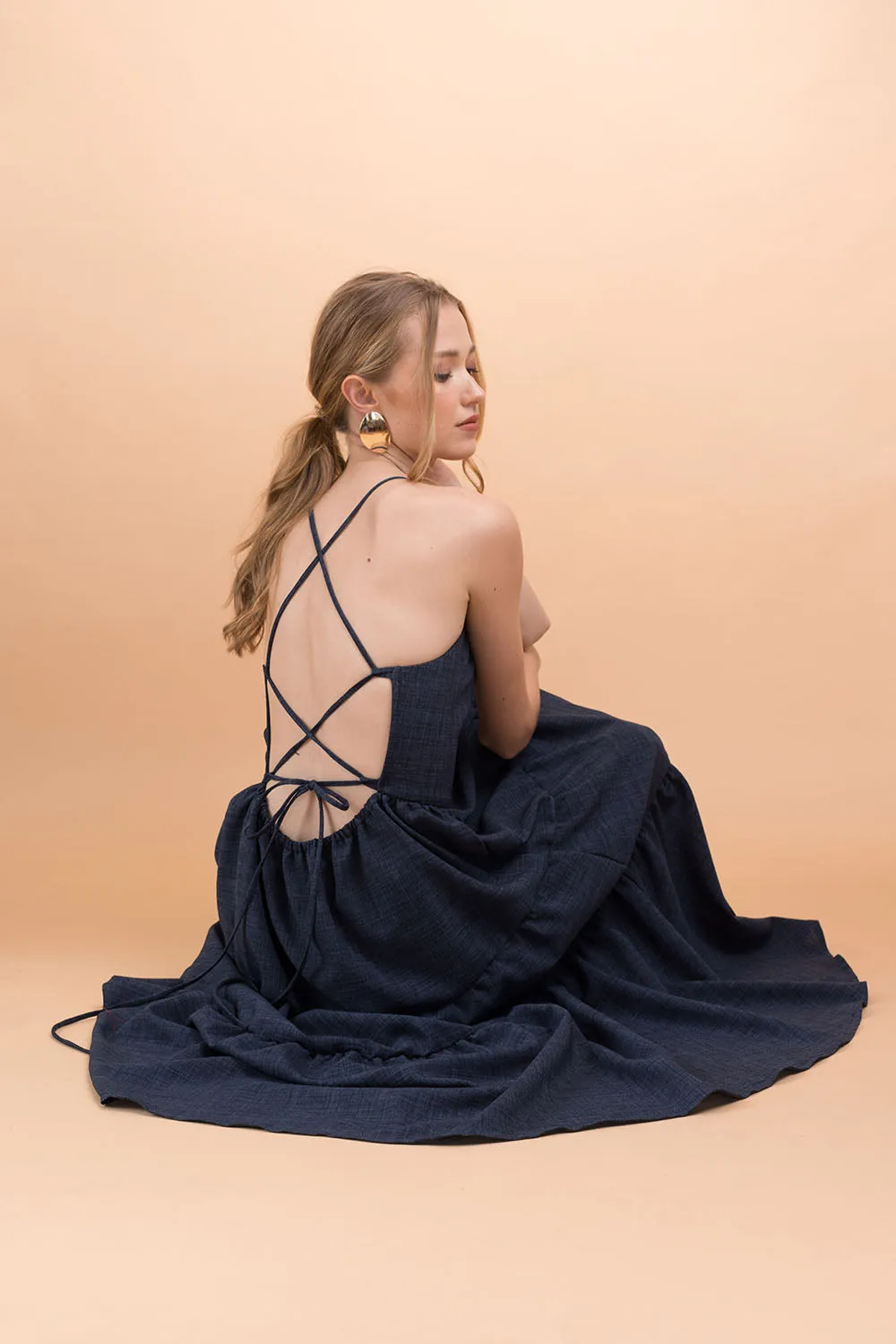 PERFECTA Criss Cross Tie Back Midi Dress (Midnight Blue Linen)