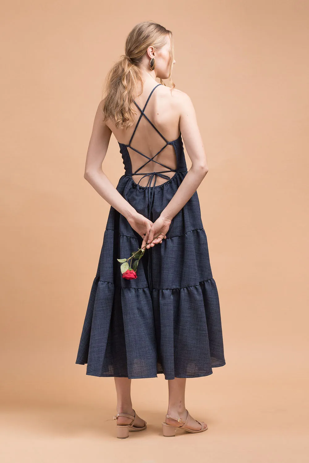 PERFECTA Criss Cross Tie Back Midi Dress (Midnight Blue Linen)