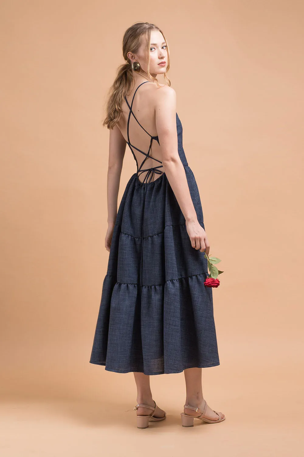 PERFECTA Criss Cross Tie Back Midi Dress (Midnight Blue Linen)