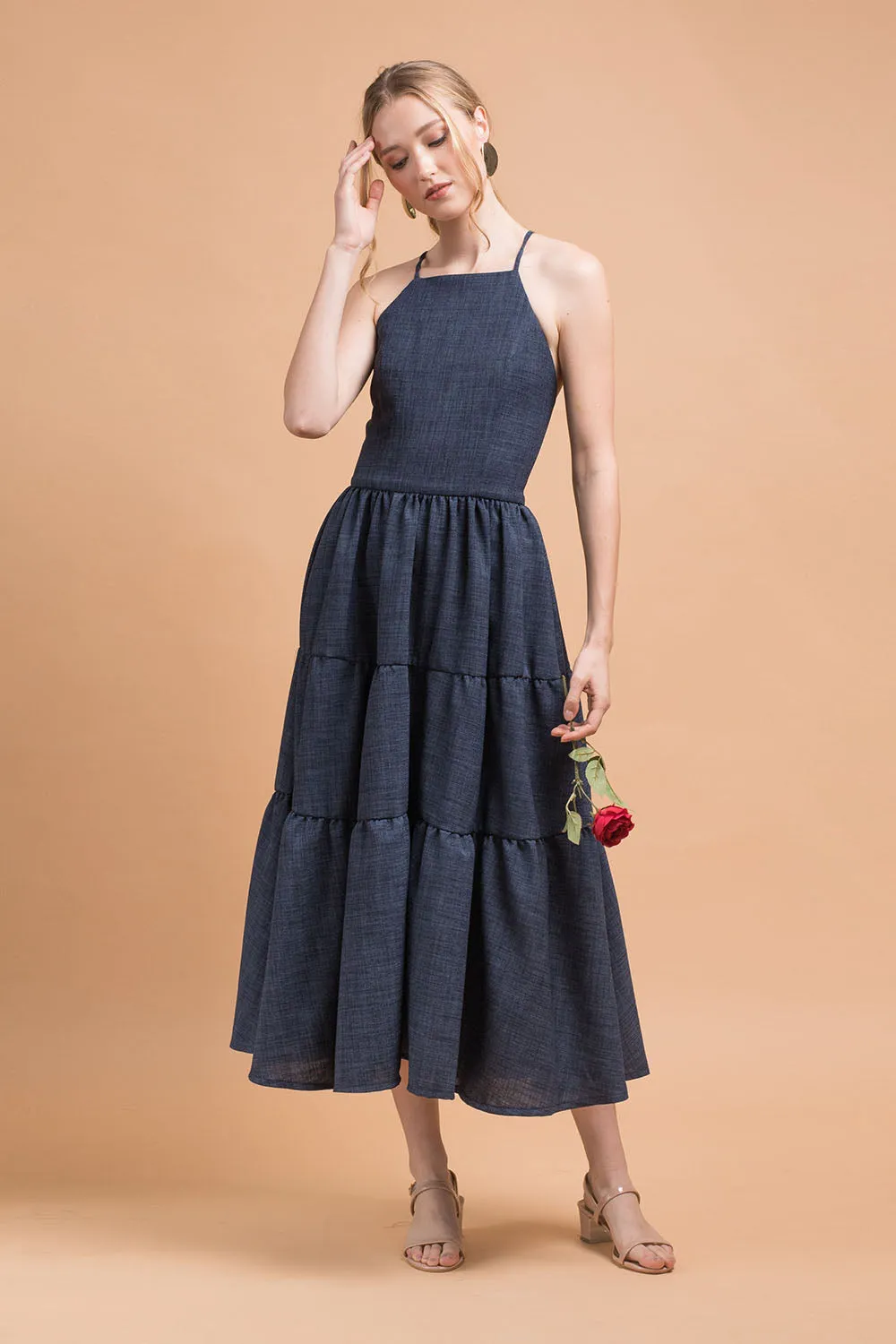 PERFECTA Criss Cross Tie Back Midi Dress (Midnight Blue Linen)