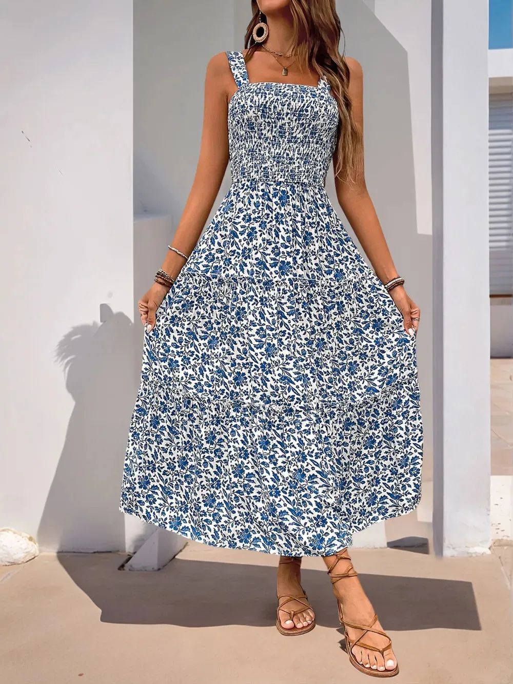 Perfee Frill Printed Square Neck Midi Cami Dress S-XL