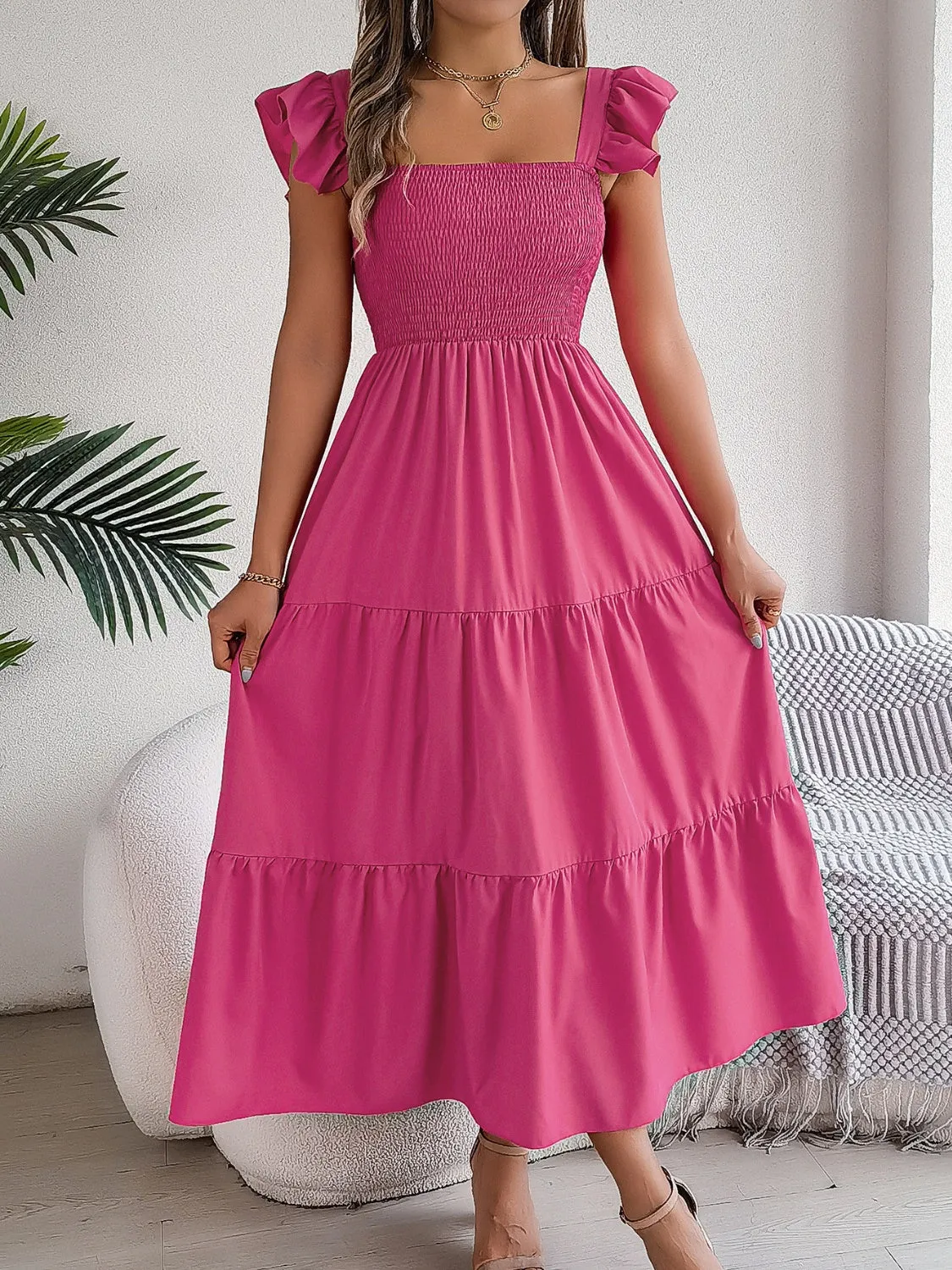 Perry Smocked Square Neck Cap Sleeve Midi Dress