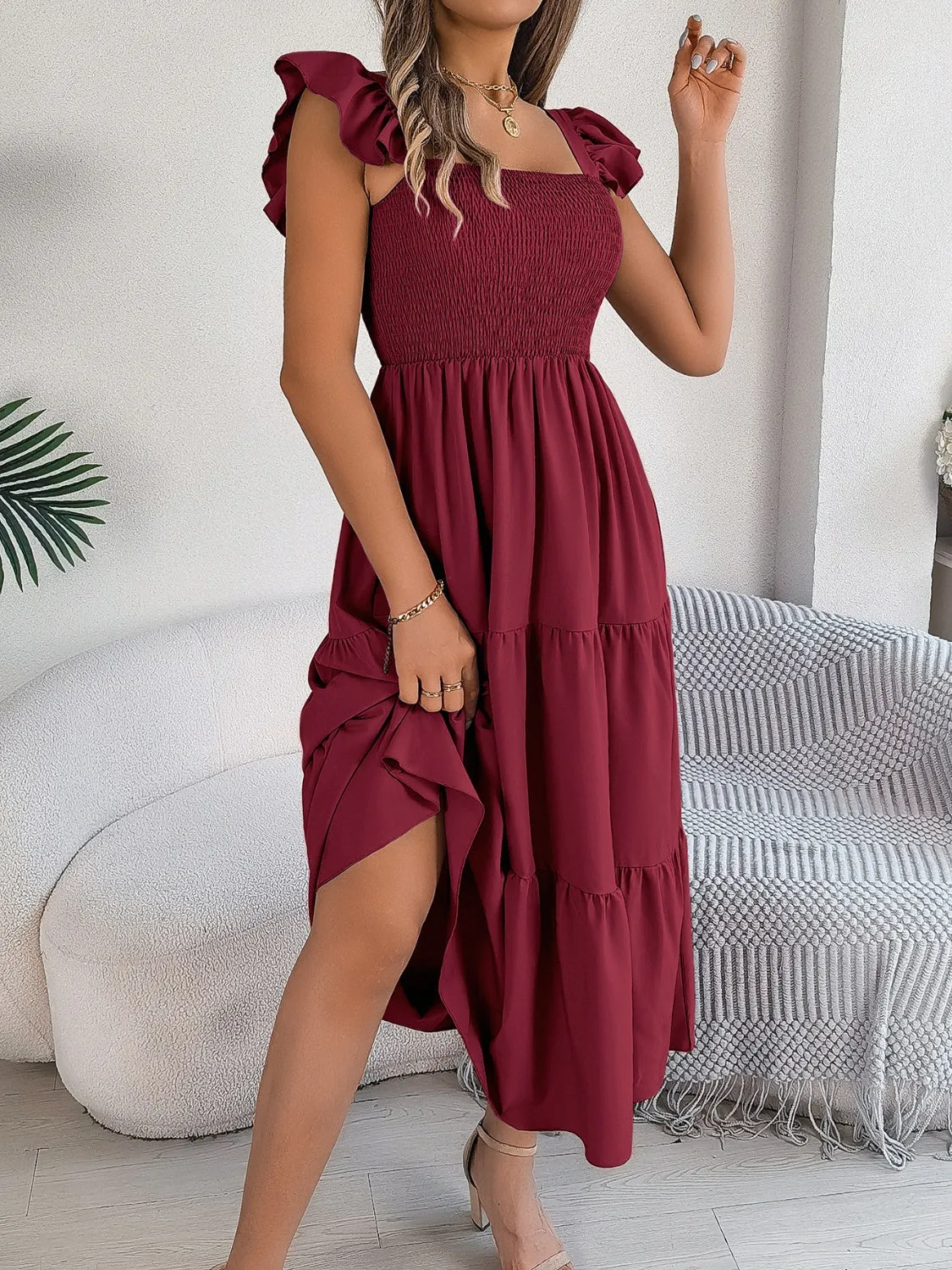 Perry Smocked Square Neck Cap Sleeve Midi Dress