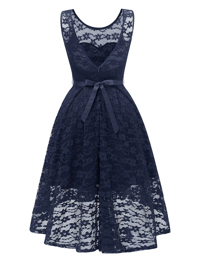 Pink Autumn Lace V Neck Irregular Hem 50s Party Dress
