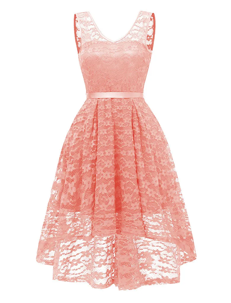 Pink Autumn Lace V Neck Irregular Hem 50s Party Dress