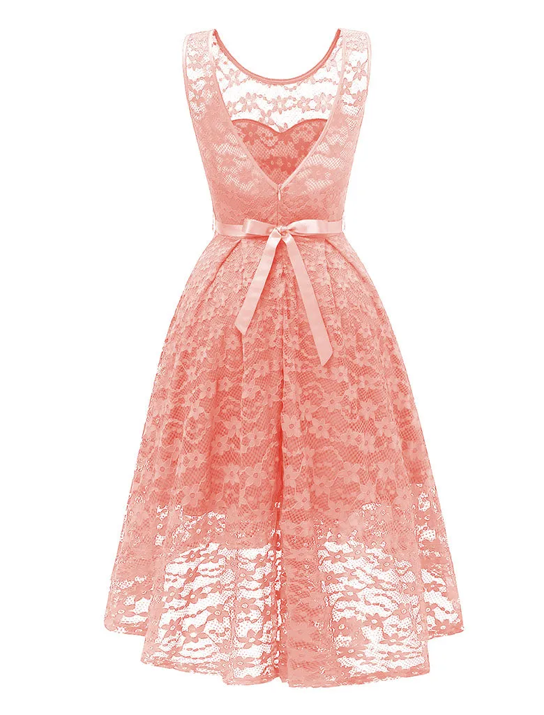Pink Autumn Lace V Neck Irregular Hem 50s Party Dress