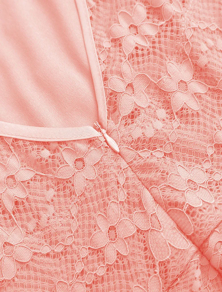 Pink Autumn Lace V Neck Irregular Hem 50s Party Dress