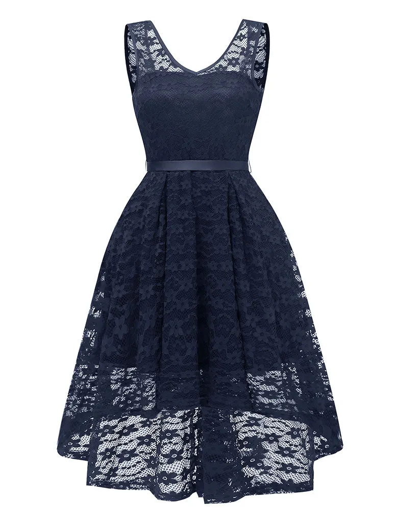 Pink Autumn Lace V Neck Irregular Hem 50s Party Dress