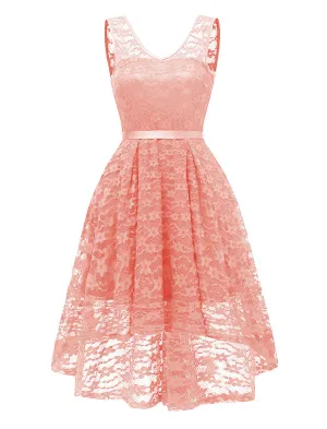 Pink Autumn Lace V Neck Irregular Hem 50s Party Dress