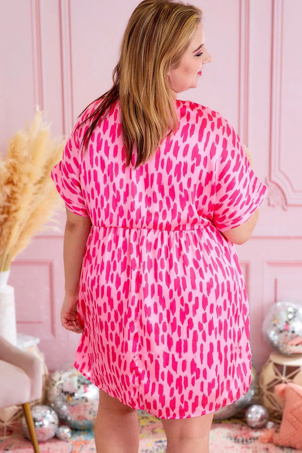 Pink Leopard Print V Neck Plus Size Babydoll Mini Dress