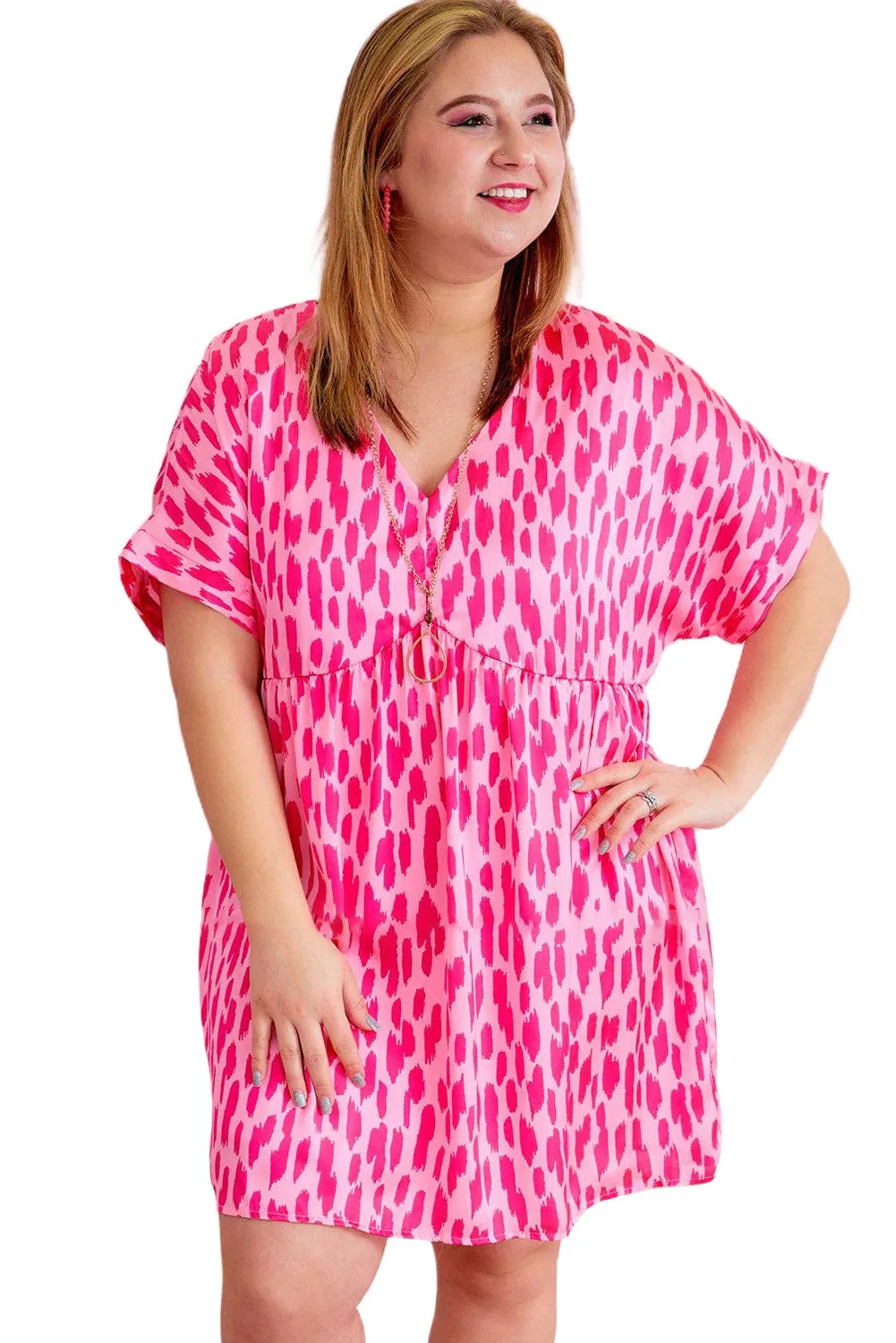 Pink Leopard Print V Neck Plus Size Babydoll Mini Dress