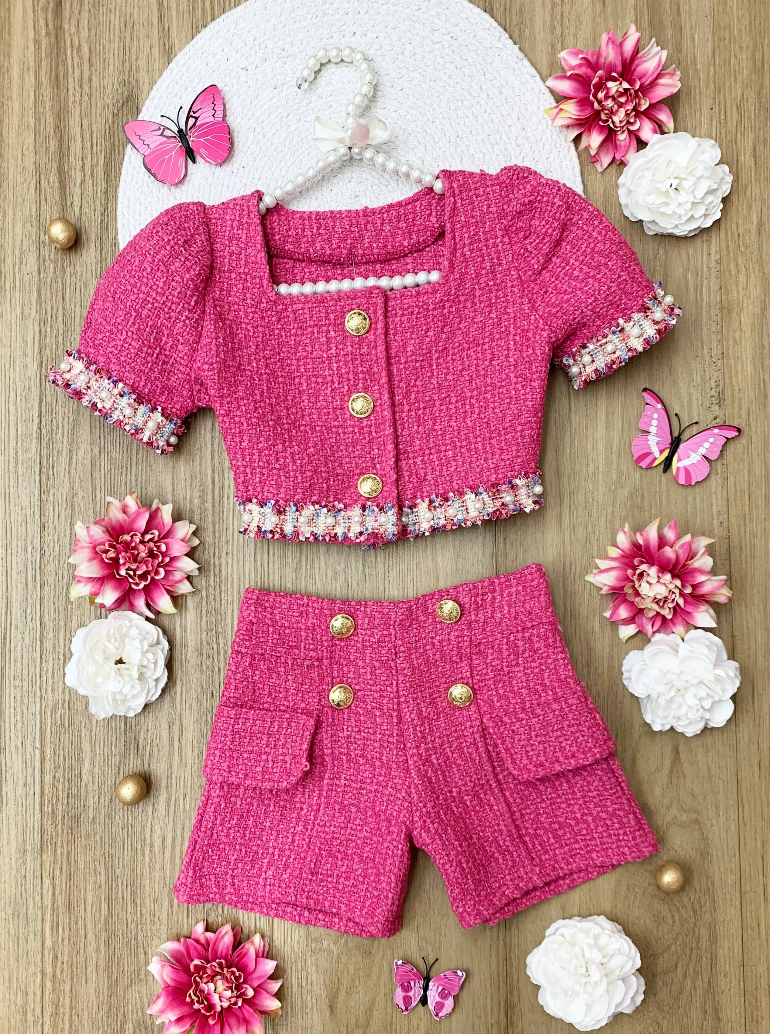 Pint-Sized CEO Puff Sleeve Tweed Top and Short Set