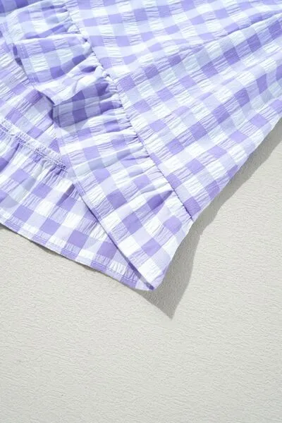 Plaid Tie Neck Short Sleeve Babydoll Mini Dress