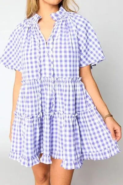 Plaid Tie Neck Short Sleeve Babydoll Mini Dress