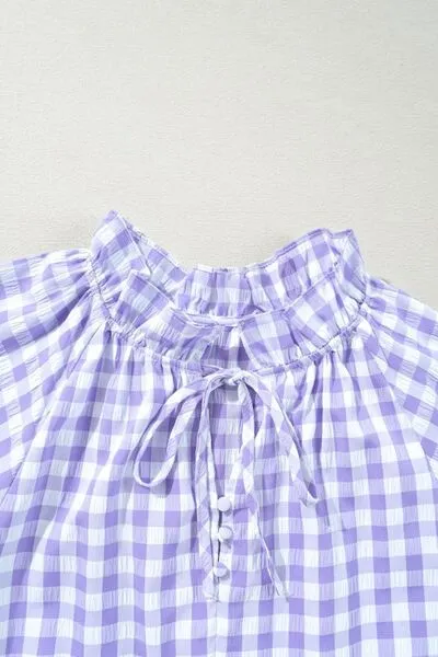 Plaid Tie Neck Short Sleeve Babydoll Mini Dress