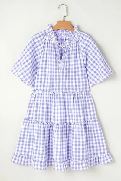 Plaid Tie Neck Short Sleeve Babydoll Mini Dress