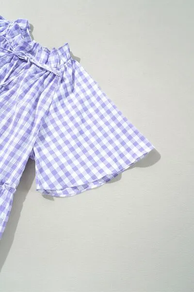 Plaid Tie Neck Short Sleeve Babydoll Mini Dress