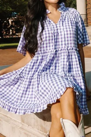 Plaid Tie Neck Short Sleeve Babydoll Mini Dress