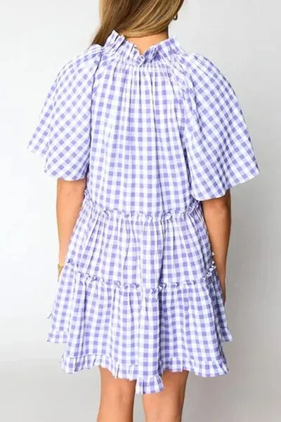 Plaid Tie Neck Short Sleeve Babydoll Mini Dress