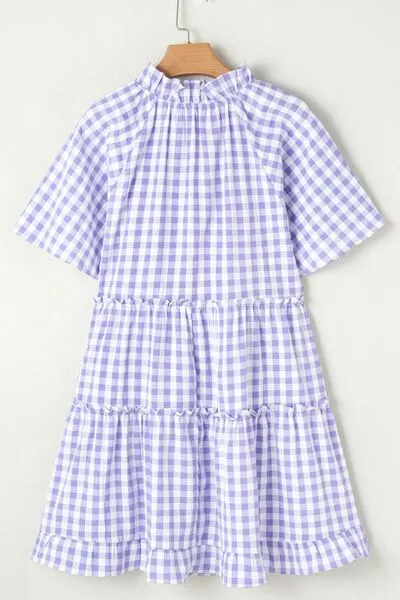 Plaid Tie Neck Short Sleeve Babydoll Mini Dress