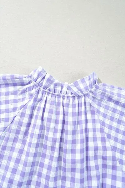 Plaid Tie Neck Short Sleeve Babydoll Mini Dress