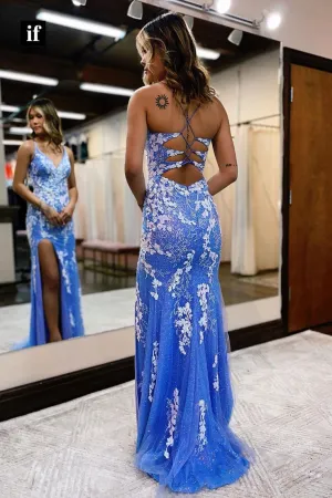 Plunging V-Neck Sequins Appliques Mermaid Prom Dress with Slit OK1956