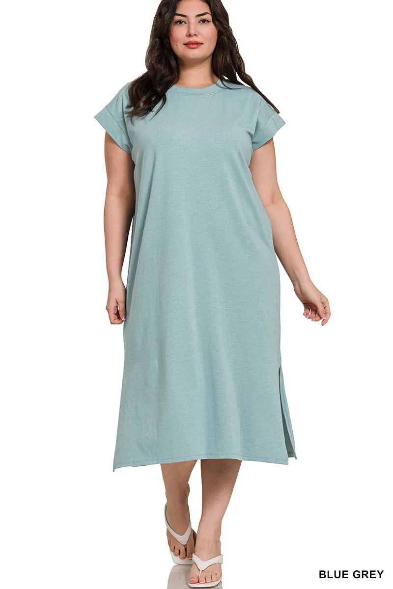 Plus round neck short sleeve midi dress