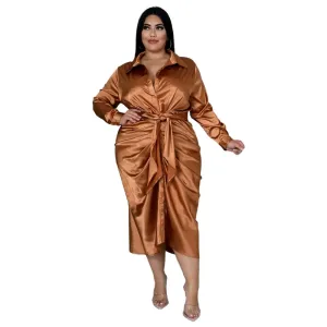 Plus Size Elegant Satin Dress Sexy Ruched Button Down Midi Dress