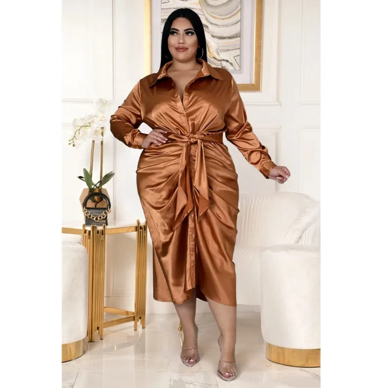 Plus Size Elegant Satin Dress Sexy Ruched Button Down Midi Dress