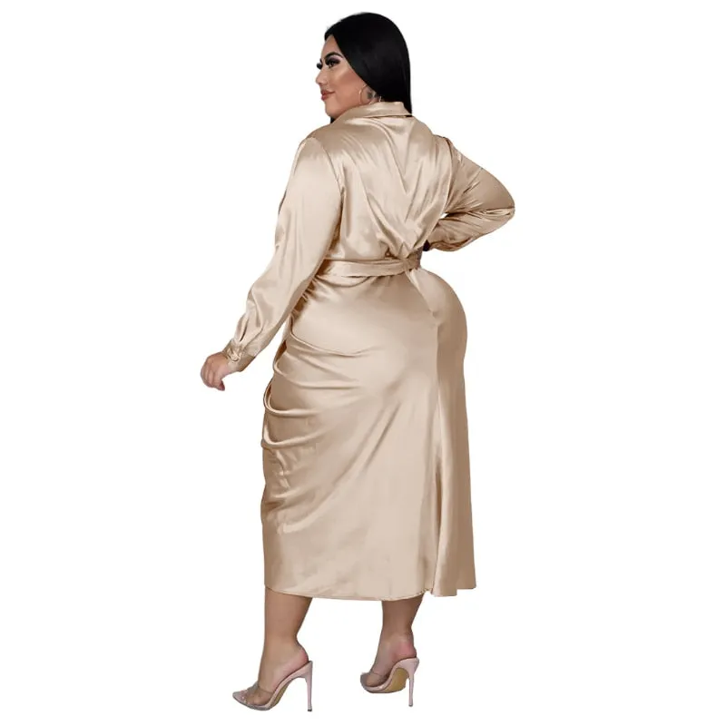 Plus Size Elegant Satin Dress Sexy Ruched Button Down Midi Dress