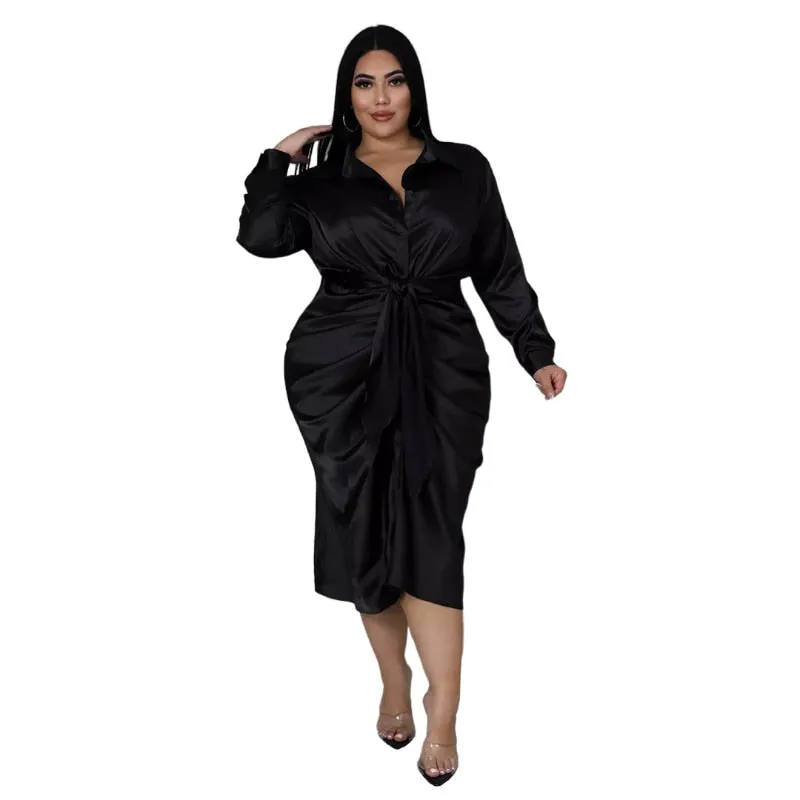 Plus Size Elegant Satin Dress Sexy Ruched Button Down Midi Dress