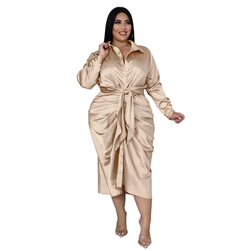 Plus Size Elegant Satin Dress Sexy Ruched Button Down Midi Dress