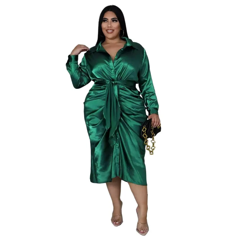 Plus Size Elegant Satin Dress Sexy Ruched Button Down Midi Dress