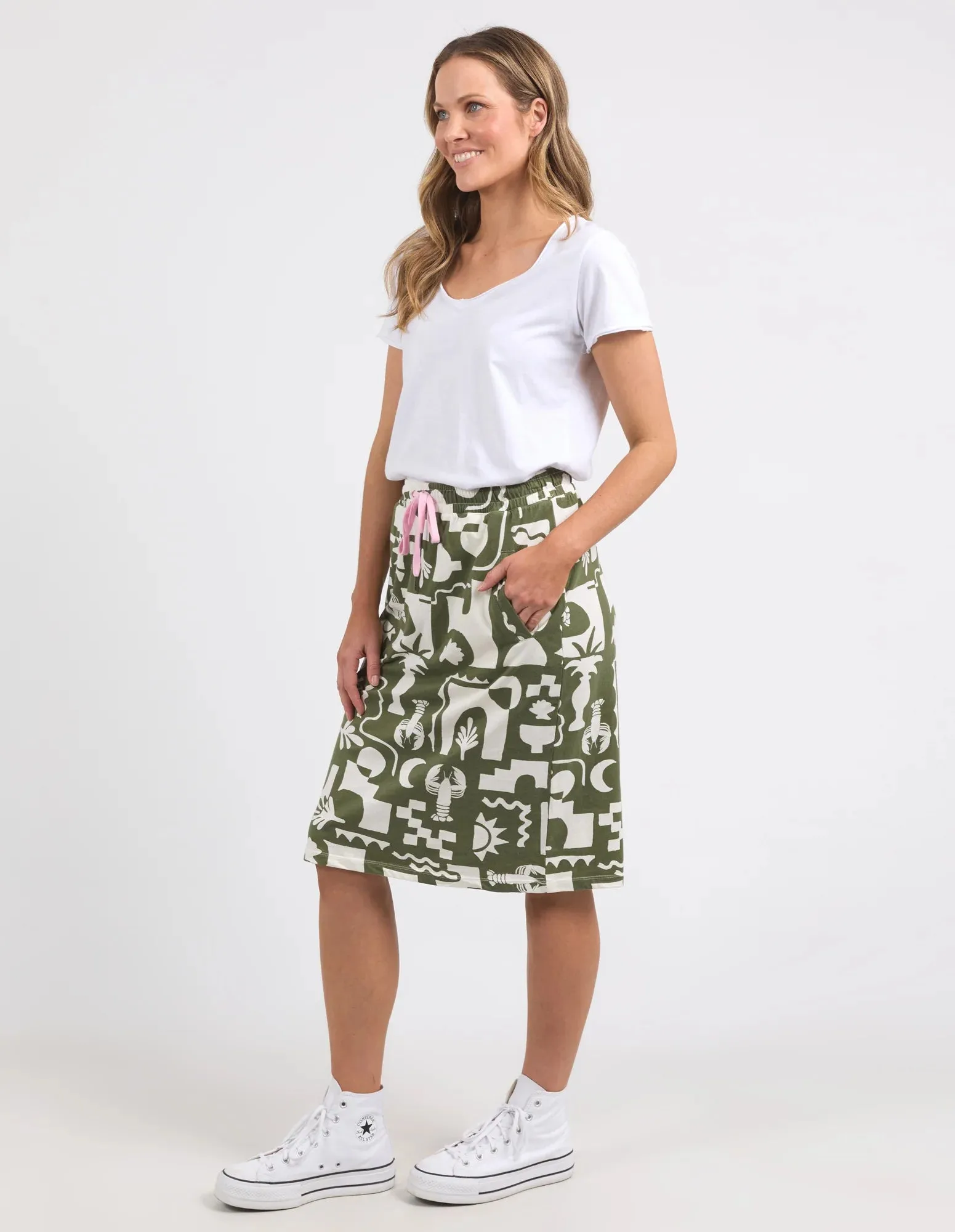 Postcard Skirt Khaki And Cream Print