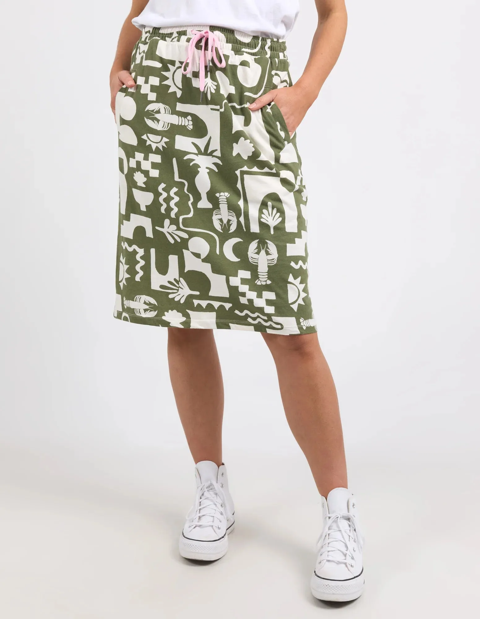 Postcard Skirt Khaki And Cream Print