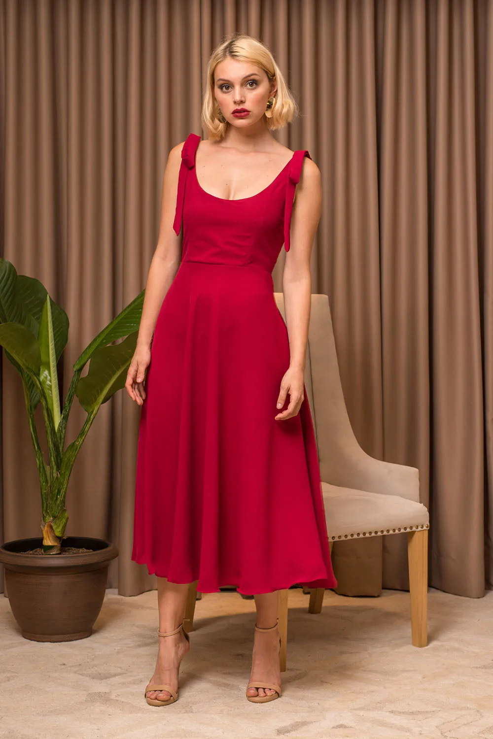 PRECIOSA Low Back Midi Dress with Pockets and Bow Tie on Shoulder (Maroon Crepe)
