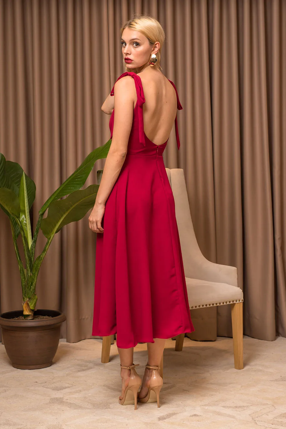 PRECIOSA Low Back Midi Dress with Pockets and Bow Tie on Shoulder (Maroon Crepe)