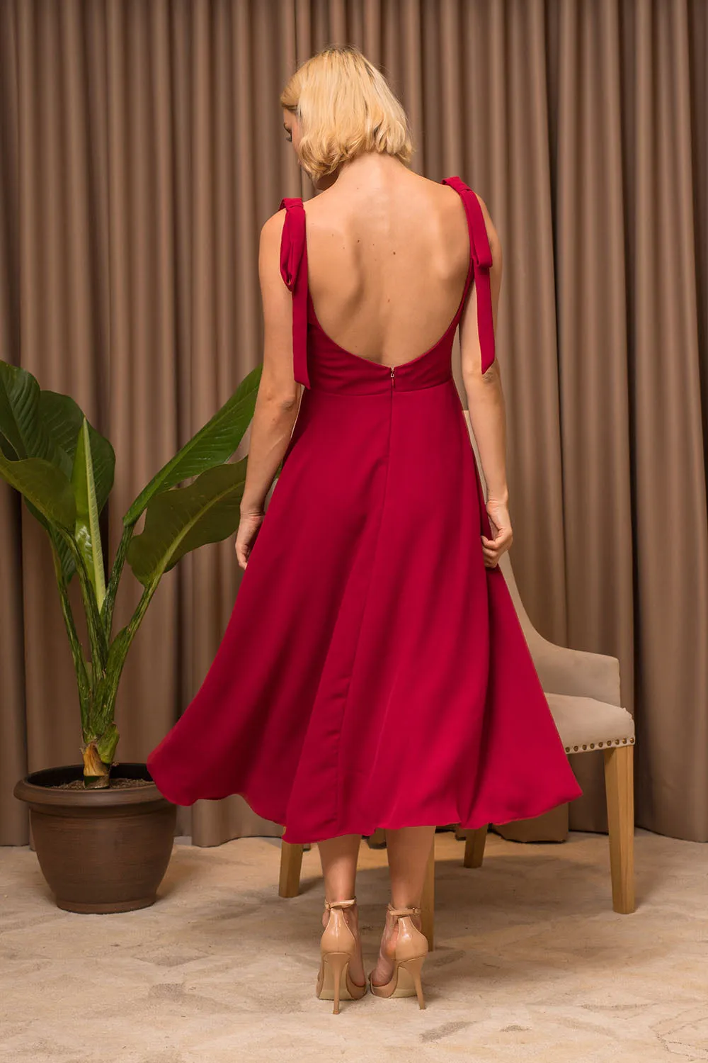PRECIOSA Low Back Midi Dress with Pockets and Bow Tie on Shoulder (Maroon Crepe)