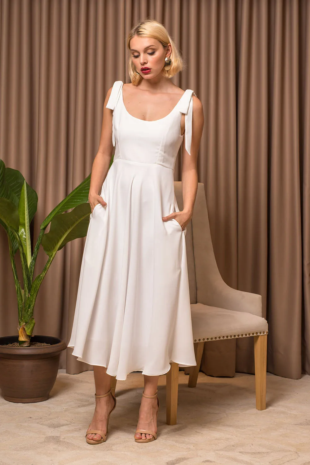 PRECIOSA Low Back Midi Dress with Pockets and Bow Tie on Shoulder (White Crepe)