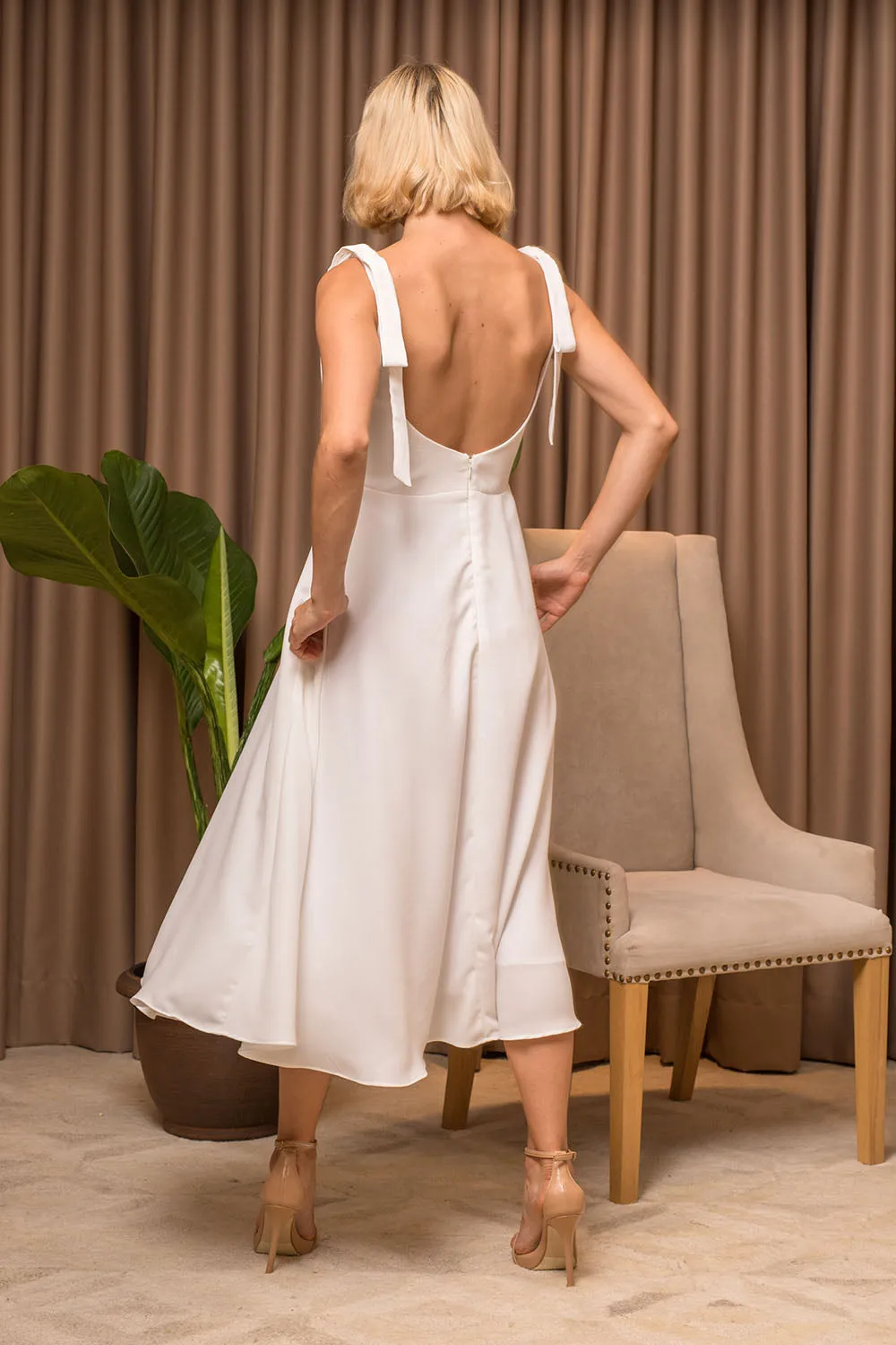 PRECIOSA Low Back Midi Dress with Pockets and Bow Tie on Shoulder (White Crepe)
