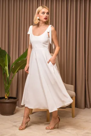 PRECIOSA Low Back Midi Dress with Pockets and Bow Tie on Shoulder (White Crepe)