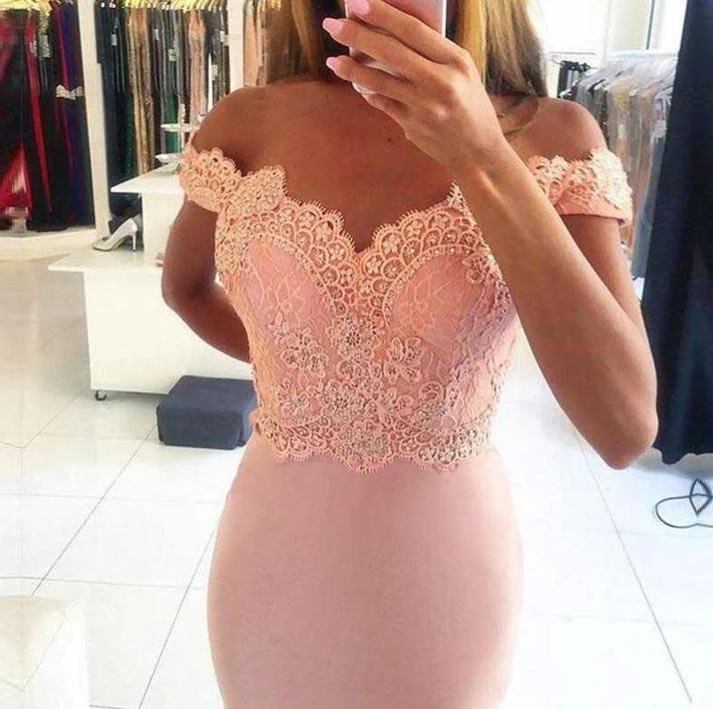Pretty Off Shoulder Lace Beaded Long Mermaid Jersey Prom Bridesmaid Dresses, PD0251