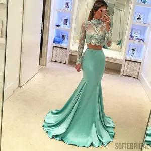 Pretty Two Pieces High Neck Long Sleeve Lace Prom Dress, Sexy Mermaid Prom Dress,PD0210